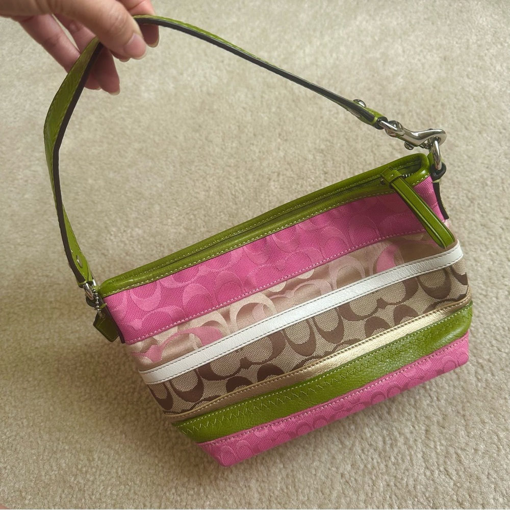 Vintage coach pink and green patchwork stripes signature cc shoulder bag